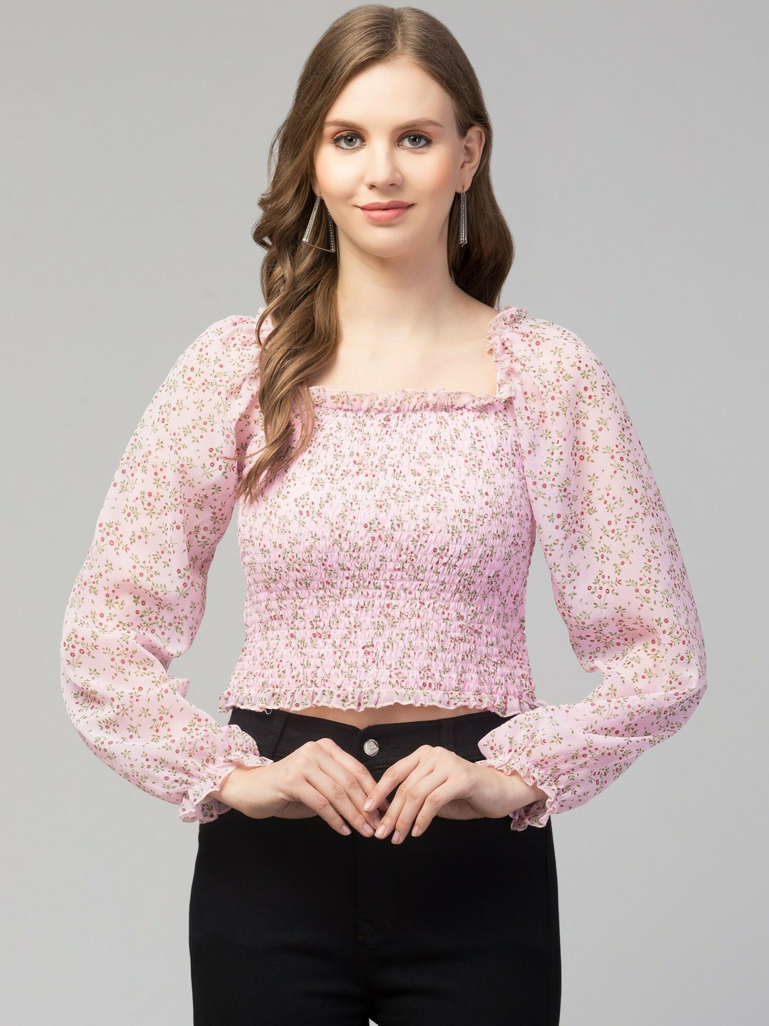 Mint Green Floral Print Smocked Off-Shoulder Top