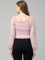 Pink Floral Print Smocked Off-Shoulder Top