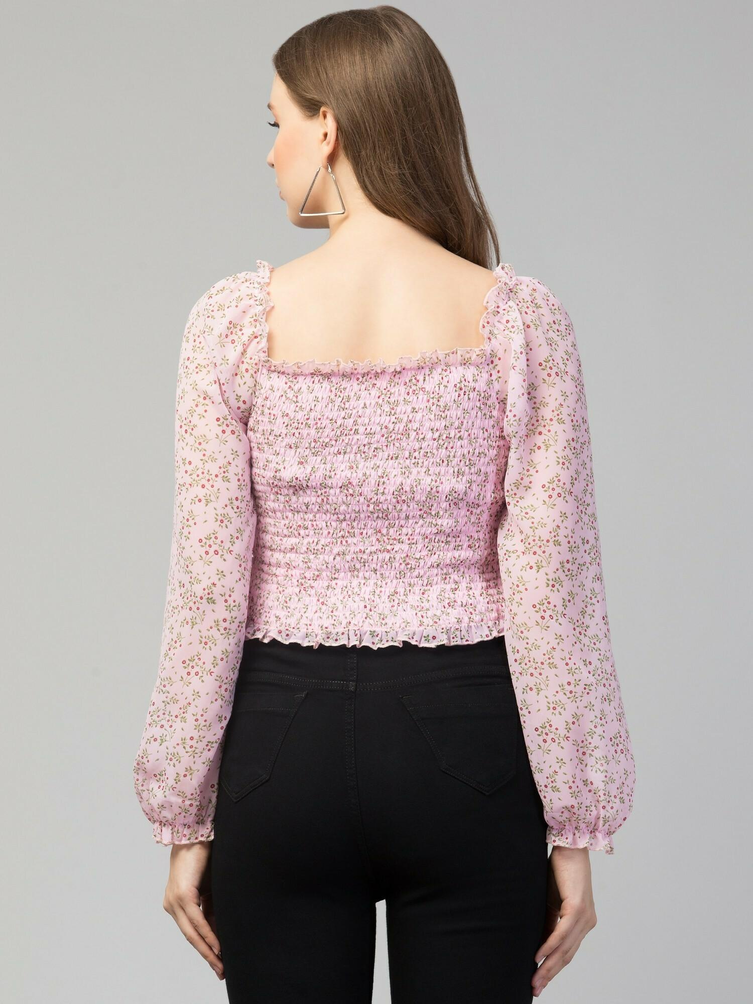 Pink Floral Print Smocked Off-Shoulder Top