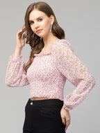 Pink Floral Print Smocked Off-Shoulder Top