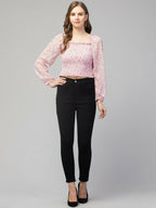 Pink Floral Print Smocked Off-Shoulder Top