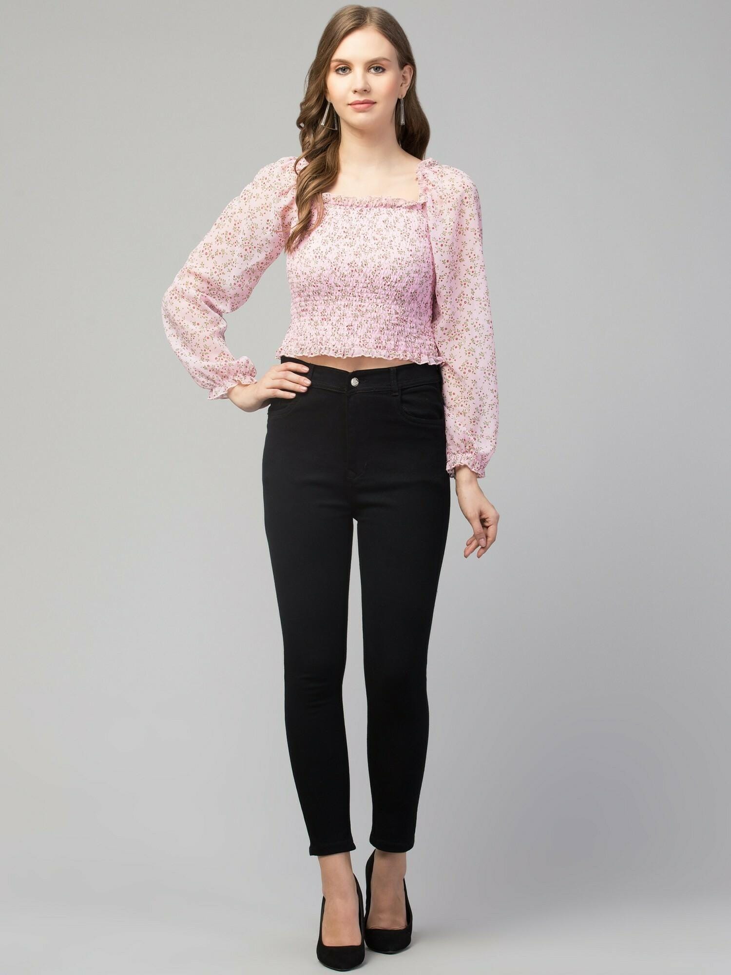 Pink Floral Print Smocked Off-Shoulder Top