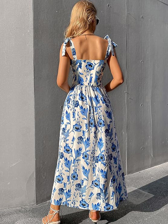Blue Floral Print Tie Strap Square Neck Boho Cami Long Maxi Dress