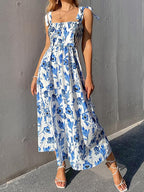 Blue Floral Print Tie Strap Square Neck Boho Cami Long Maxi Dress