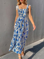 Blue Floral Print Tie Strap Square Neck Boho Cami Long Maxi Dress