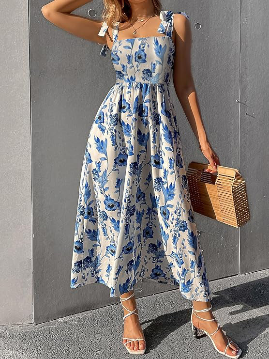 Green Floral Print Tie Strap Square Neck Boho Cami Long Maxi Dress