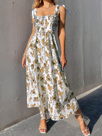 Brown Floral Print Tie Strap Square Neck Boho Cami Long Maxi Dress