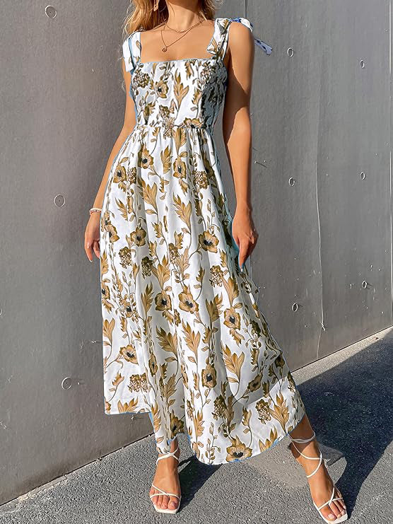 Brown Floral Print Tie Strap Square Neck Boho Cami Long Maxi Dress