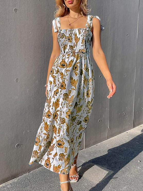 Brown Floral Print Tie Strap Square Neck Boho Cami Long Maxi Dress