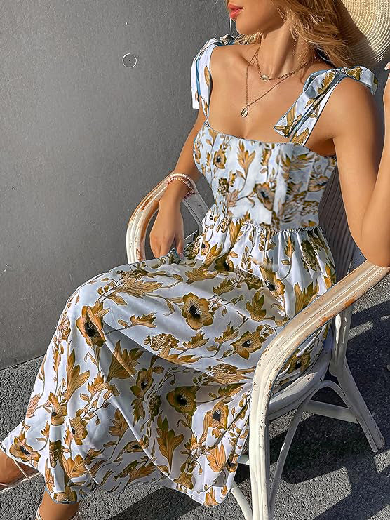 Brown Floral Print Tie Strap Square Neck Boho Cami Long Maxi Dress