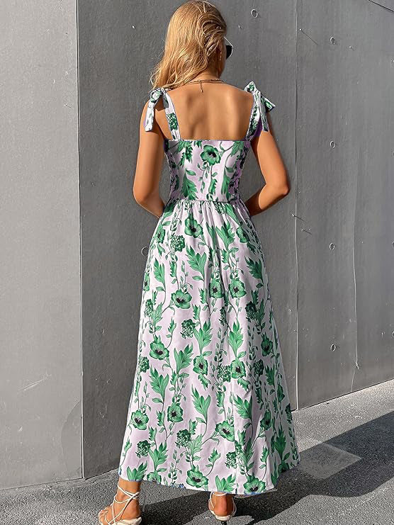 Green Floral Print Tie Strap Square Neck Boho Cami Long Maxi Dress