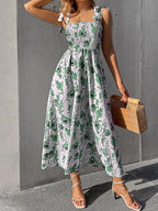 Green Floral Print Tie Strap Square Neck Boho Cami Long Maxi Dress