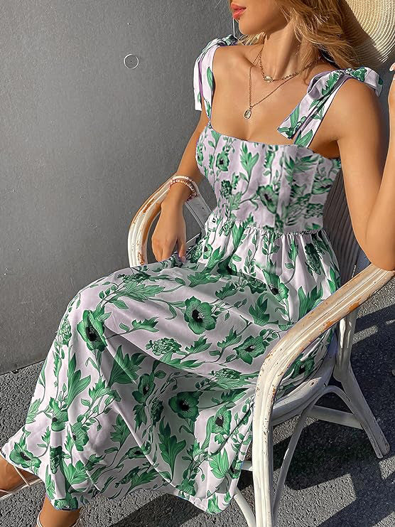 Green Floral Print Tie Strap Square Neck Boho Cami Long Maxi Dress