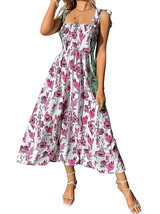Green Floral Print Tie Strap Square Neck Boho Cami Long Maxi Dress