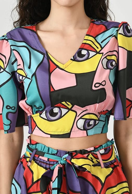 MULTICOLOUR PRINTED CREPE CROP TOP & SHORTS CO-ORD SET