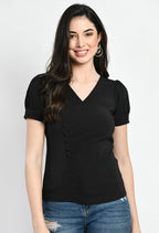 Black V-Neck Button Detail Pleated Top