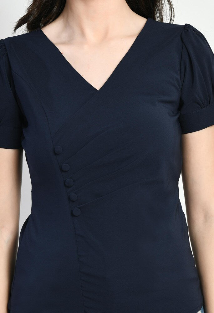 Black V-Neck Button Detail Pleated Top
