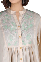 Grey Cotton Peplum Shirt Mandarin Collar with Yoke Embroidery