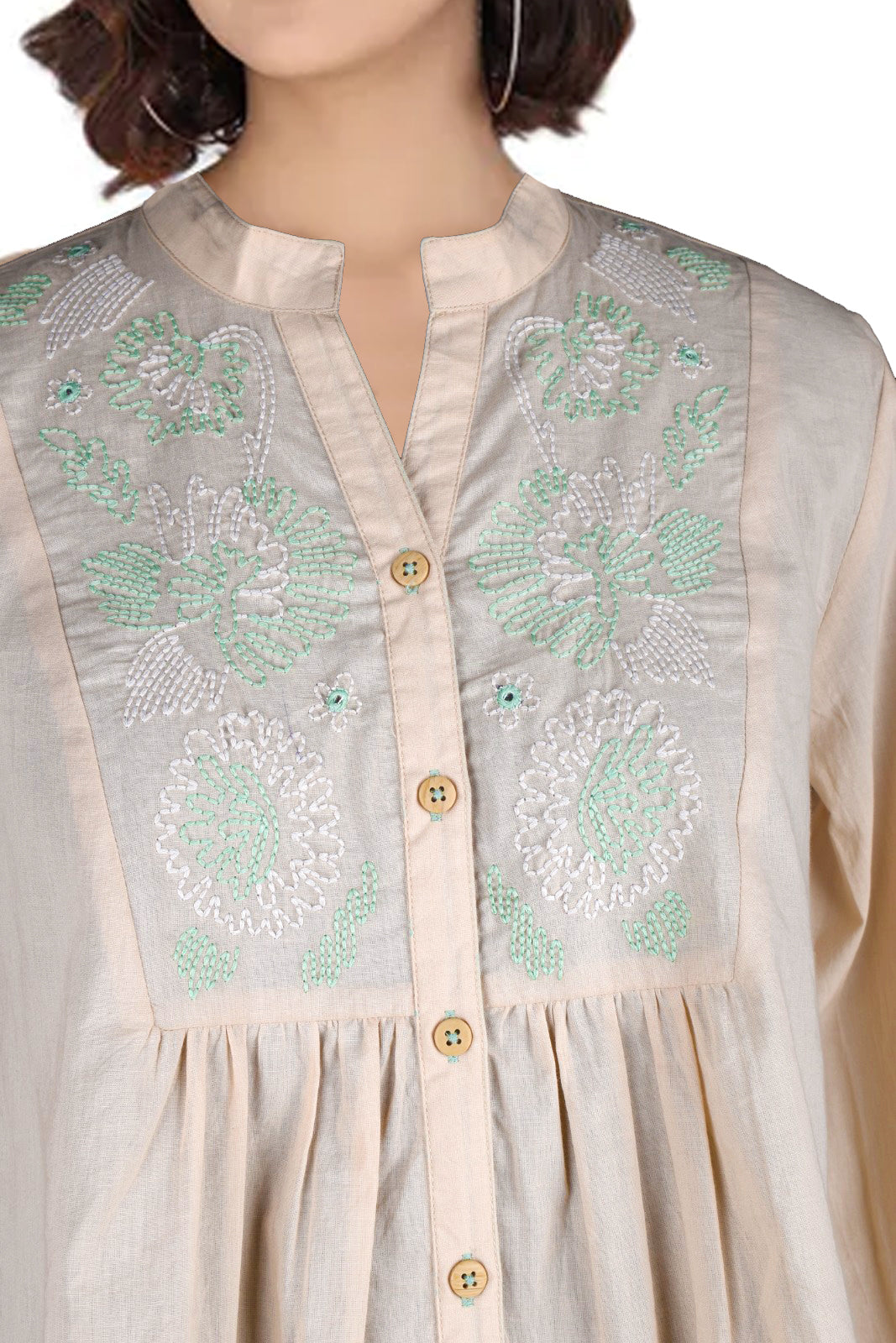 Grey Cotton Peplum Shirt Mandarin Collar with Yoke Embroidery