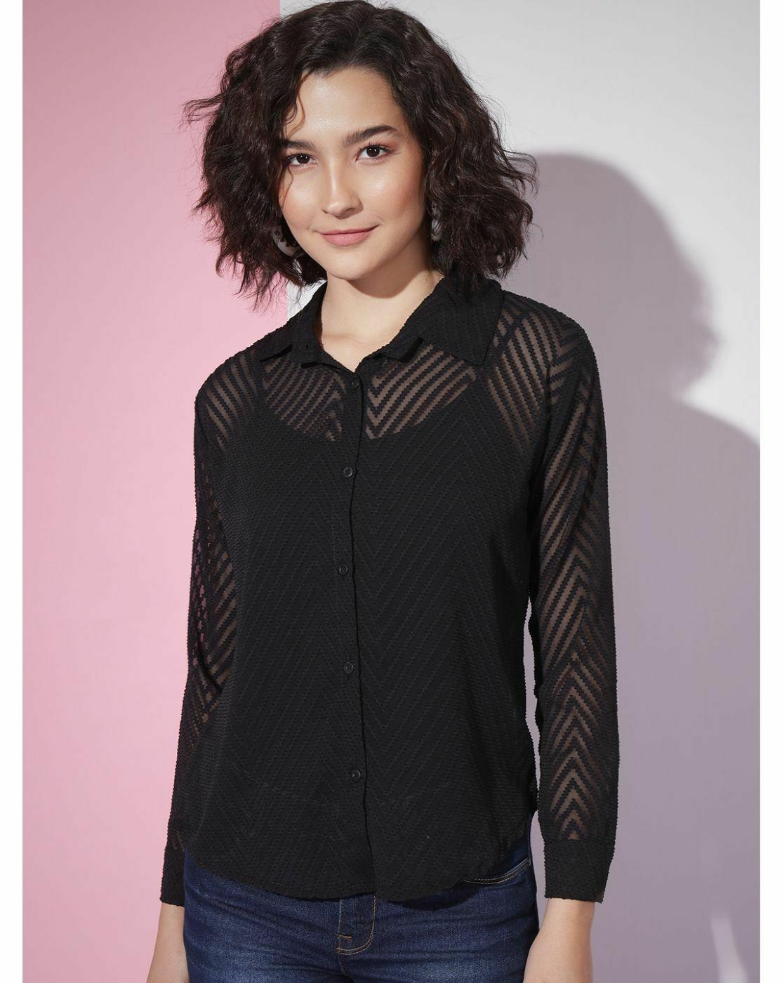 Black Sheer Chevron Jacquard Button-Up Shirt
