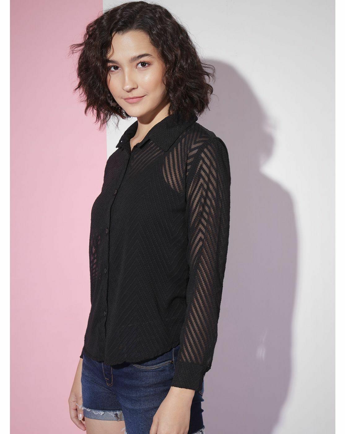 Black Sheer Chevron Jacquard Button-Up Shirt