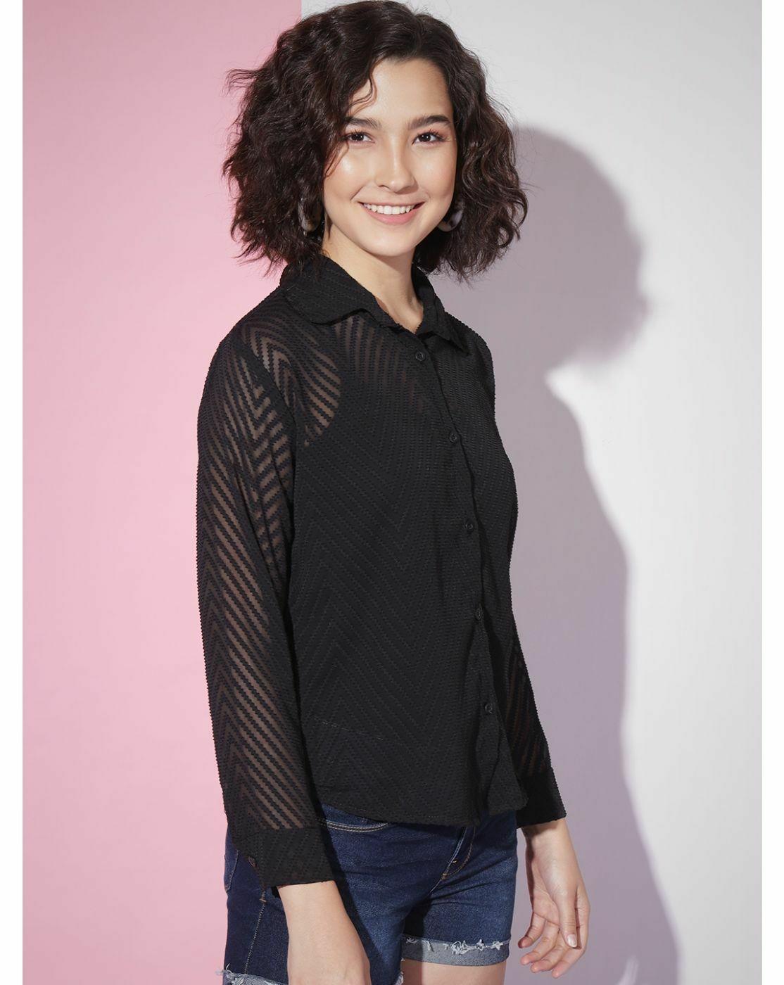 Black Sheer Chevron Jacquard Button-Up Shirt