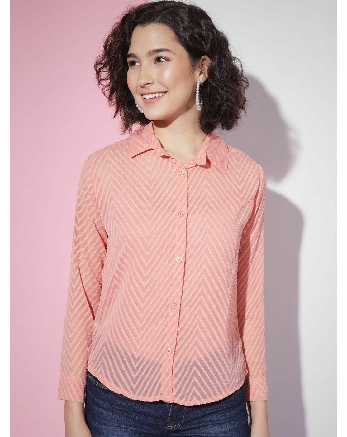 Black Sheer Chevron Jacquard Button-Up Shirt