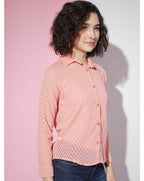 Peach Sheer Chevron Jacquard Button-Up Shirt
