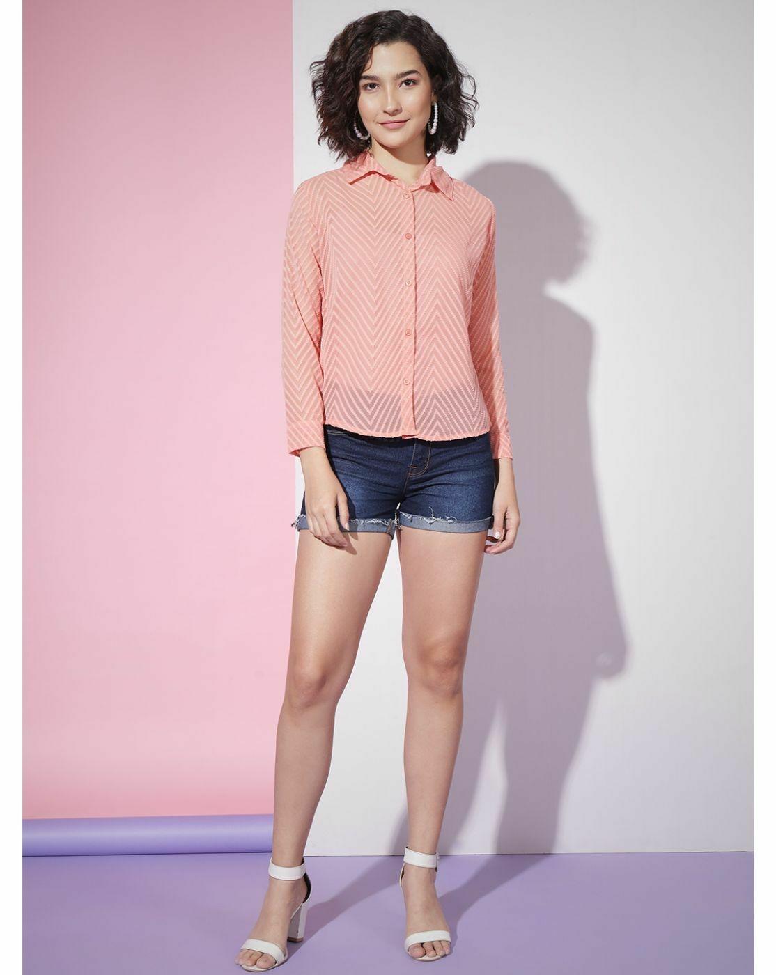 Peach Sheer Chevron Jacquard Button-Up Shirt