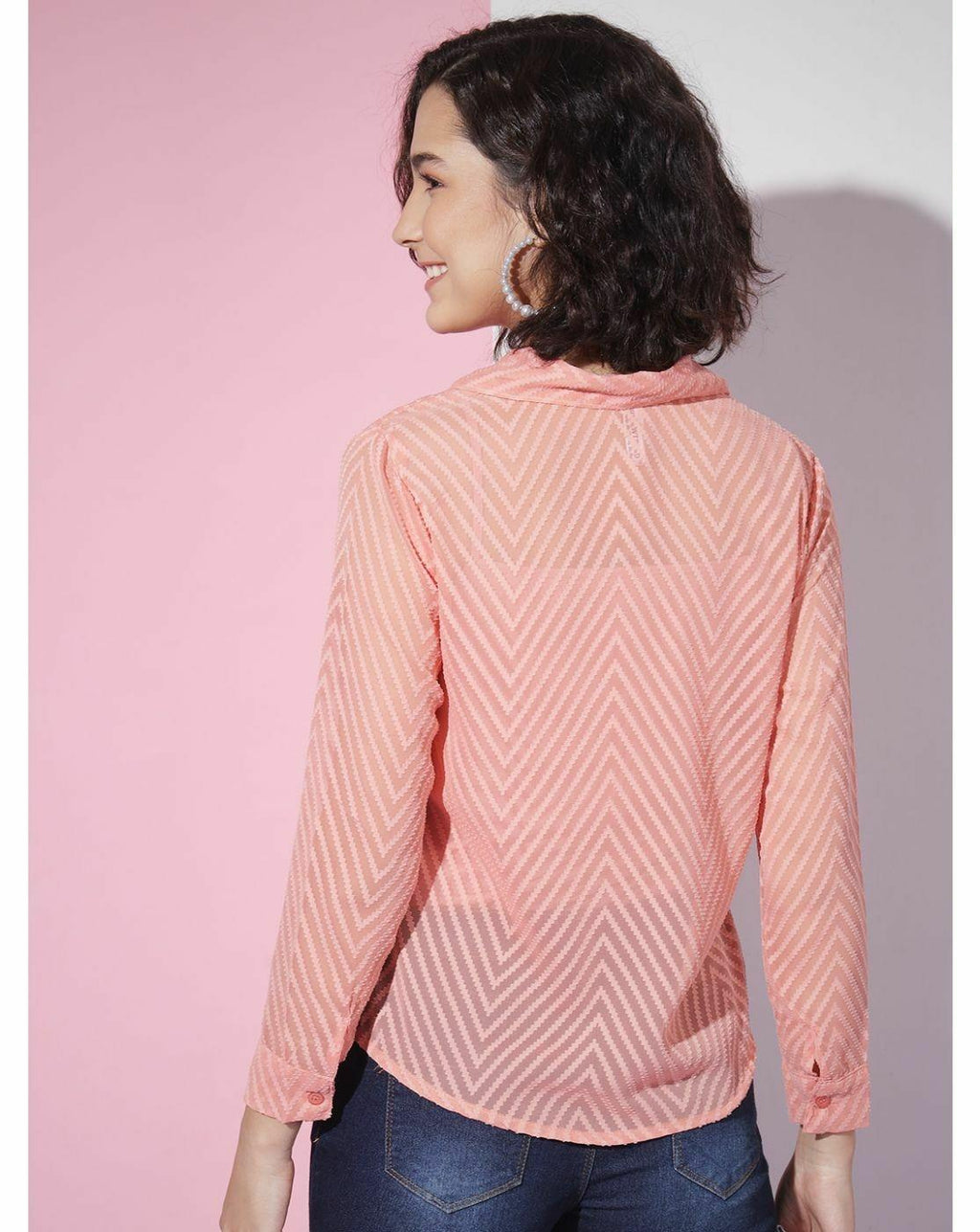 Peach Sheer Chevron Jacquard Button-Up Shirt