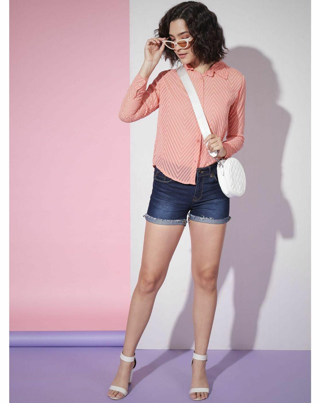 Peach Sheer Chevron Jacquard Button-Up Shirt