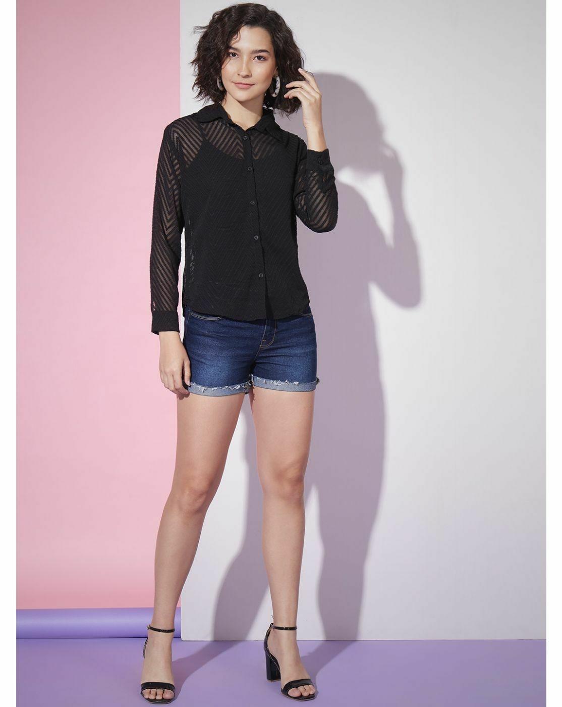 Black Sheer Chevron Jacquard Button-Up Shirt