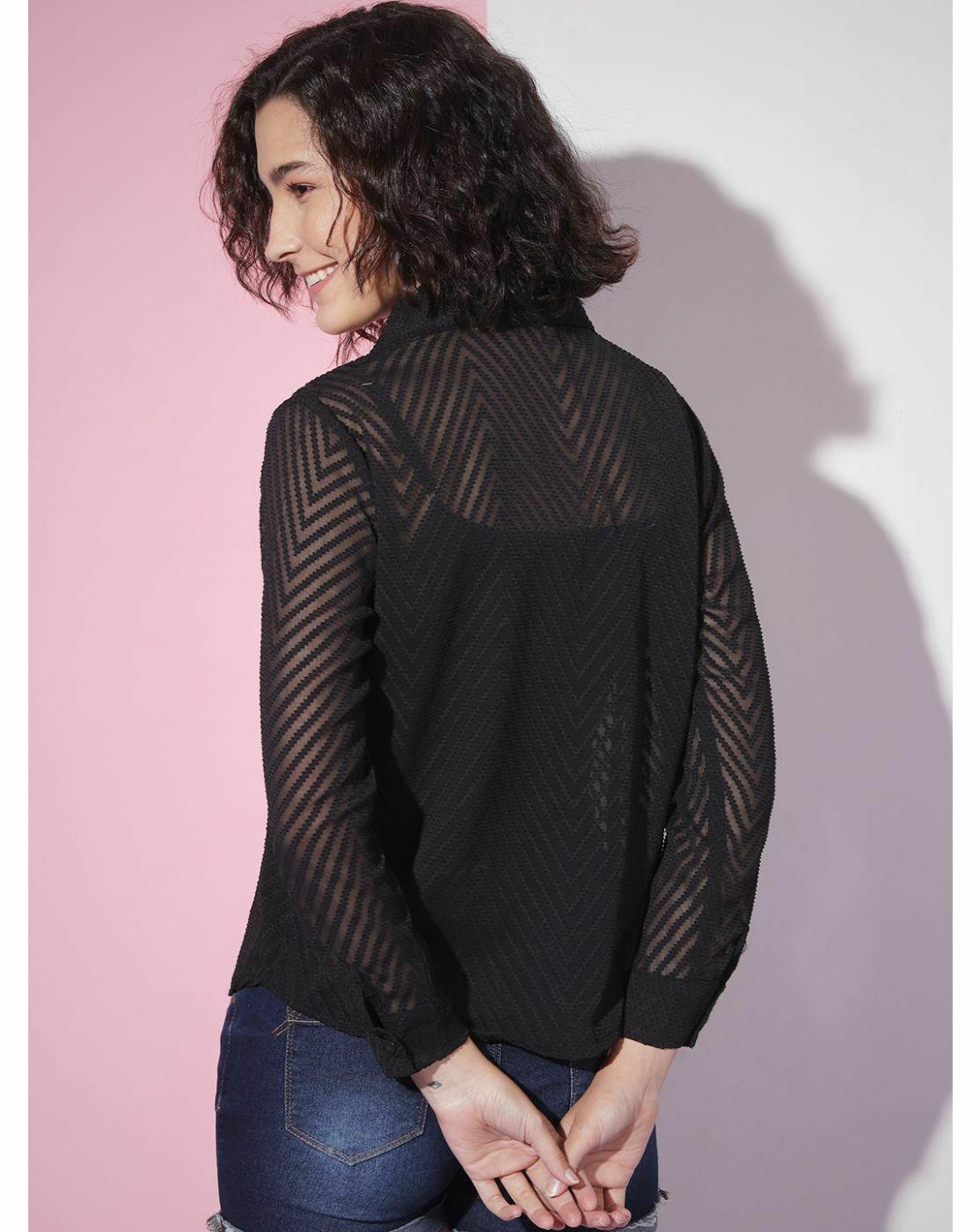 Black Sheer Chevron Jacquard Button-Up Shirt