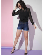 Black Sheer Chevron Jacquard Button-Up Shirt
