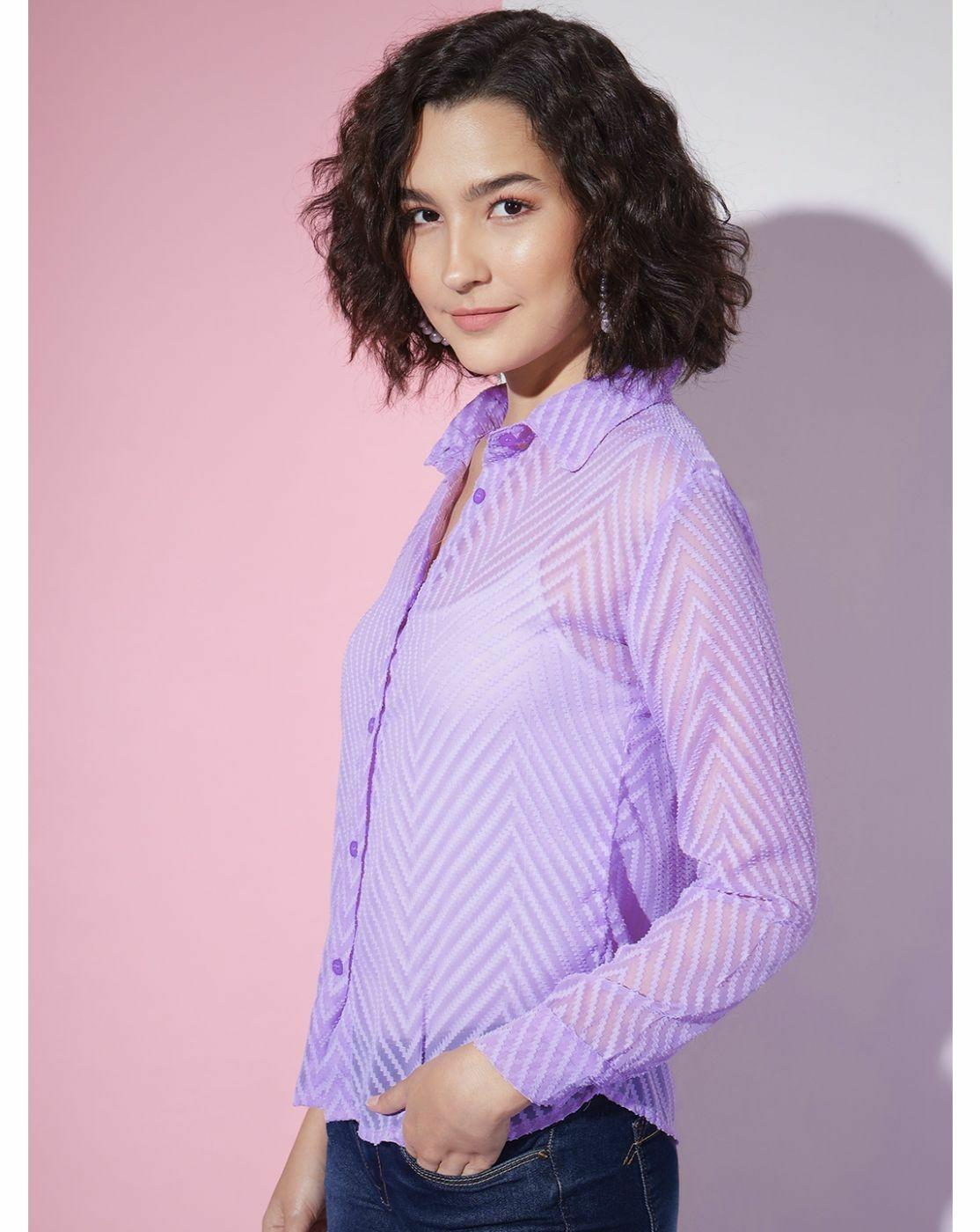 Purple Sheer Chevron Jacquard Button-Up Shirt