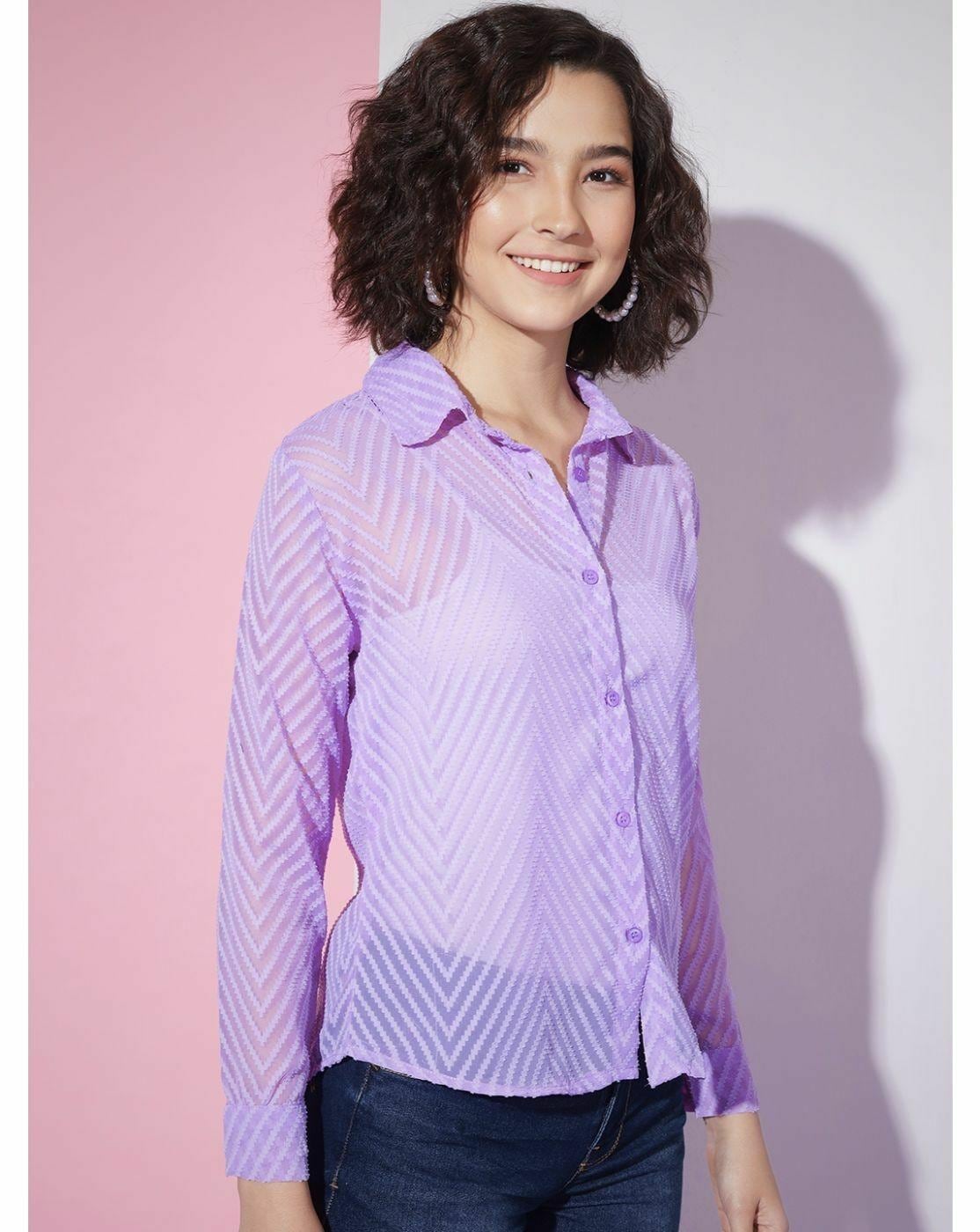 Purple Sheer Chevron Jacquard Button-Up Shirt