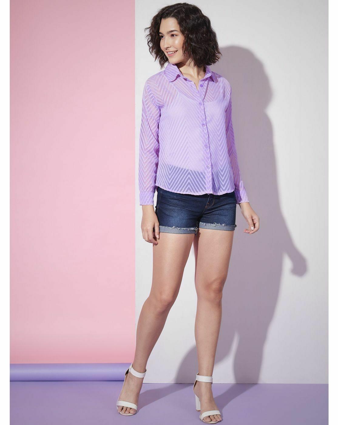 Purple Sheer Chevron Jacquard Button-Up Shirt