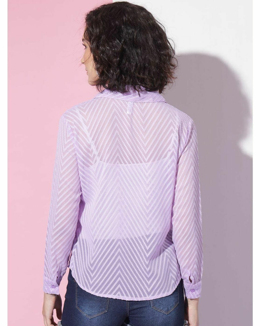 Purple Sheer Chevron Jacquard Button-Up Shirt