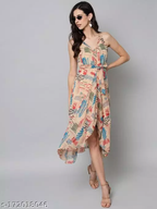 Beige Abstract Print Wrap Dress