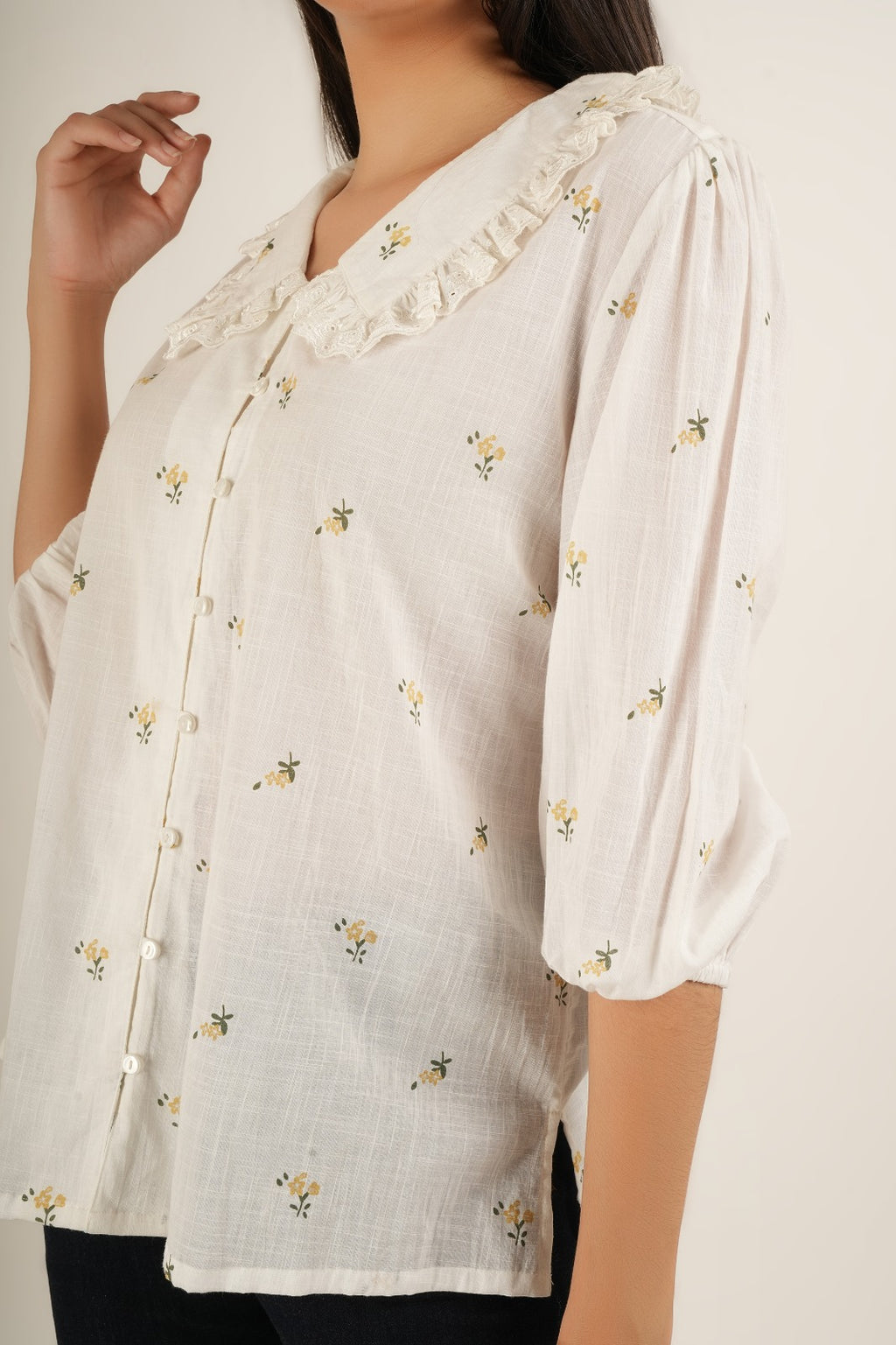Off-White Cotton Floral Embroidered Ruffled Collar Shirt