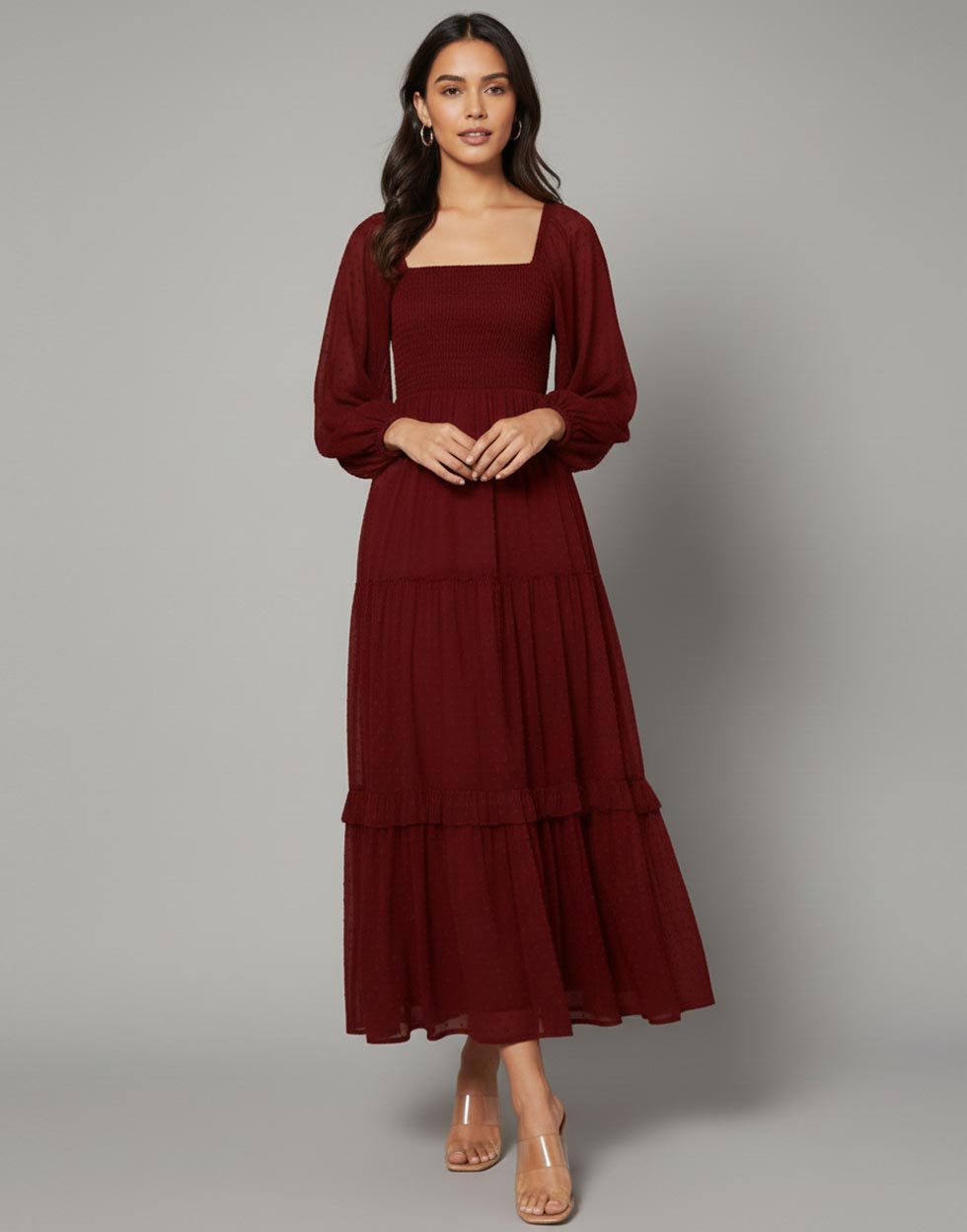 Crimson Dobby Tiered Maroon Maxi Dress
