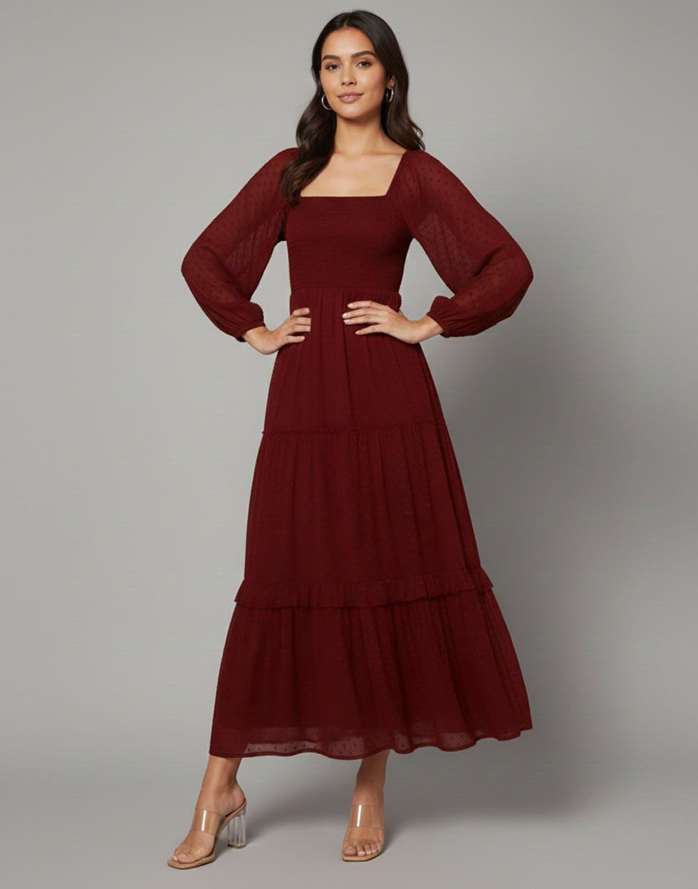 Crimson Dobby Tiered Maroon Maxi Dress