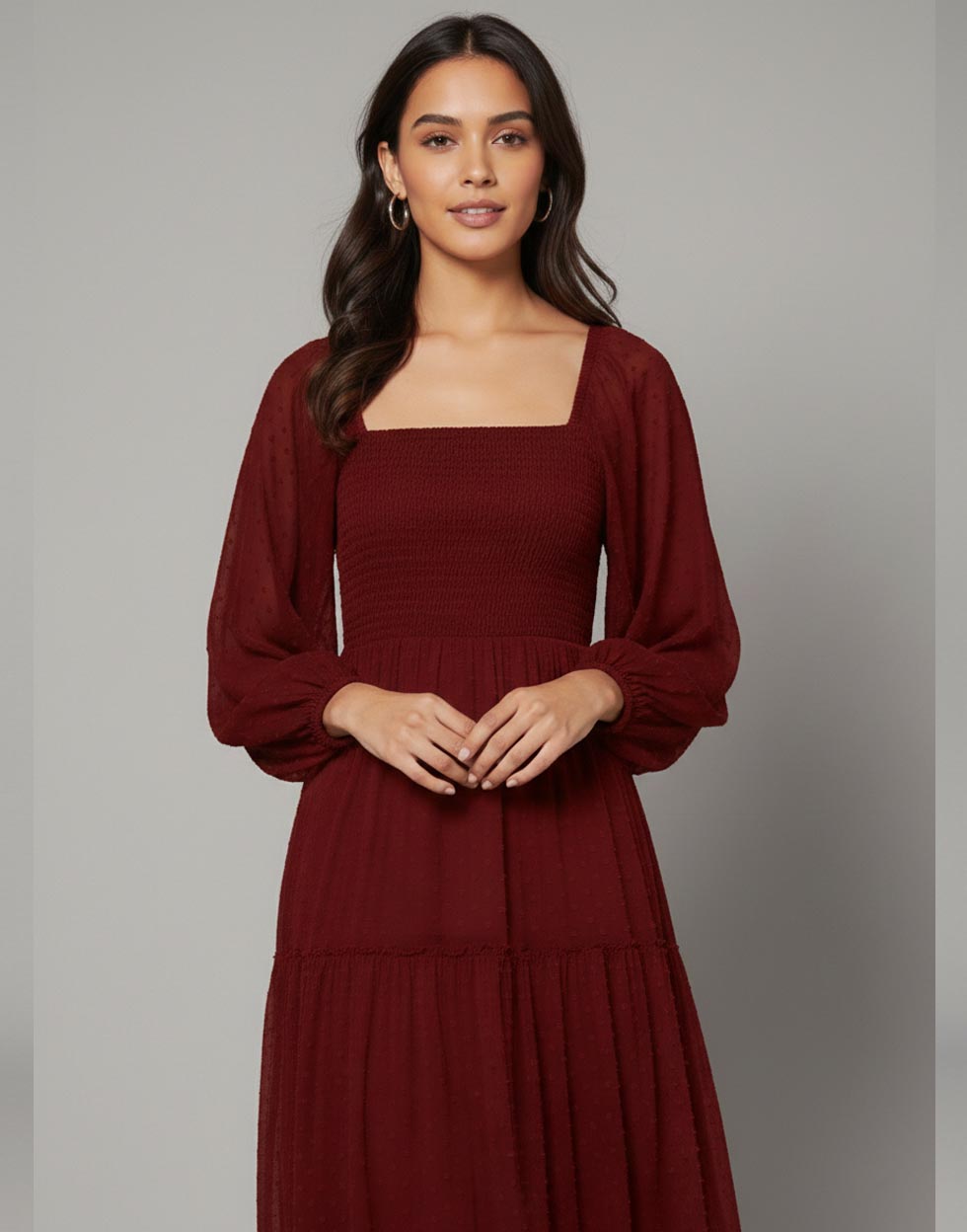 Crimson Dobby Tiered Maroon Maxi Dress