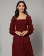 Crimson Dobby Tiered Maroon Maxi Dress