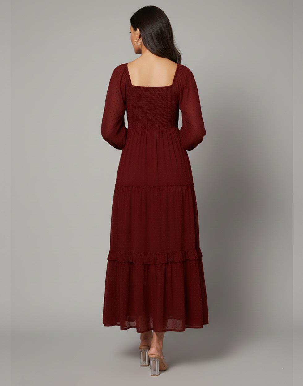 Crimson Dobby Tiered Maroon Maxi Dress