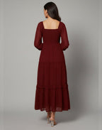 Crimson Dobby Tiered Maroon Maxi Dress
