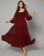 Crimson Dobby Tiered Maroon Maxi Dress