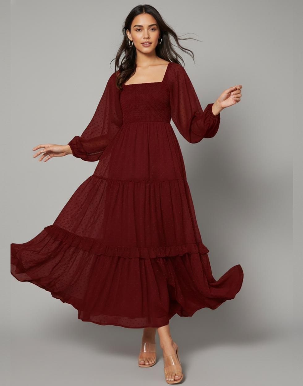 Crimson Dobby Tiered Maroon Maxi Dress