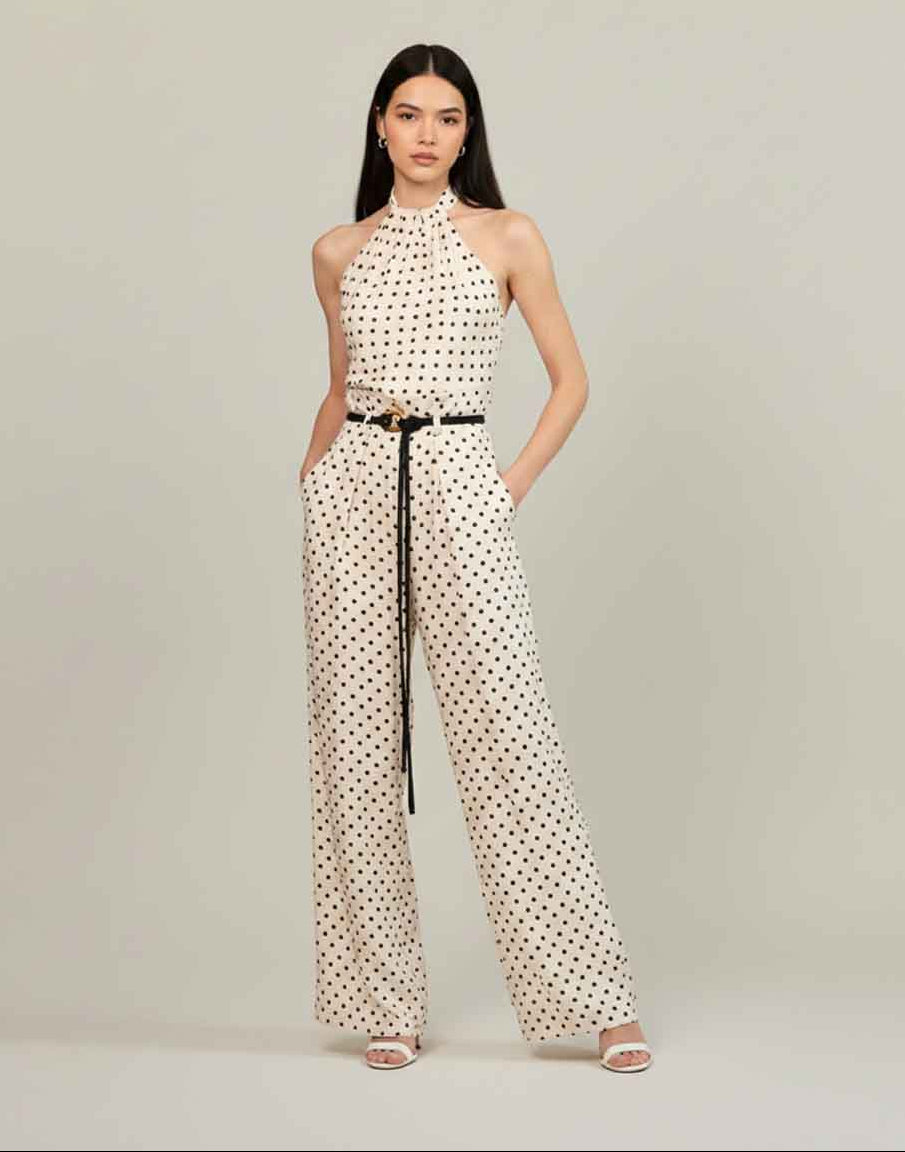 Retro Chic Polka Dot Halter & Wide-Leg Trouser Set