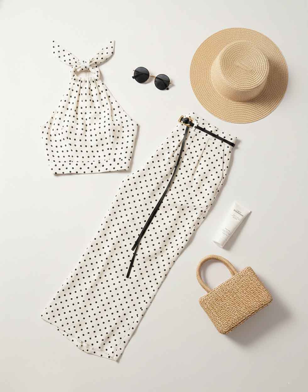 Retro Chic Polka Dot Halter & Wide-Leg Trouser Set